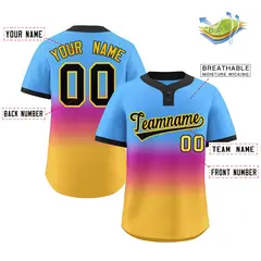 Powder Blue Purple Black-Gold Gradient Two-Button Softball Jersey 3