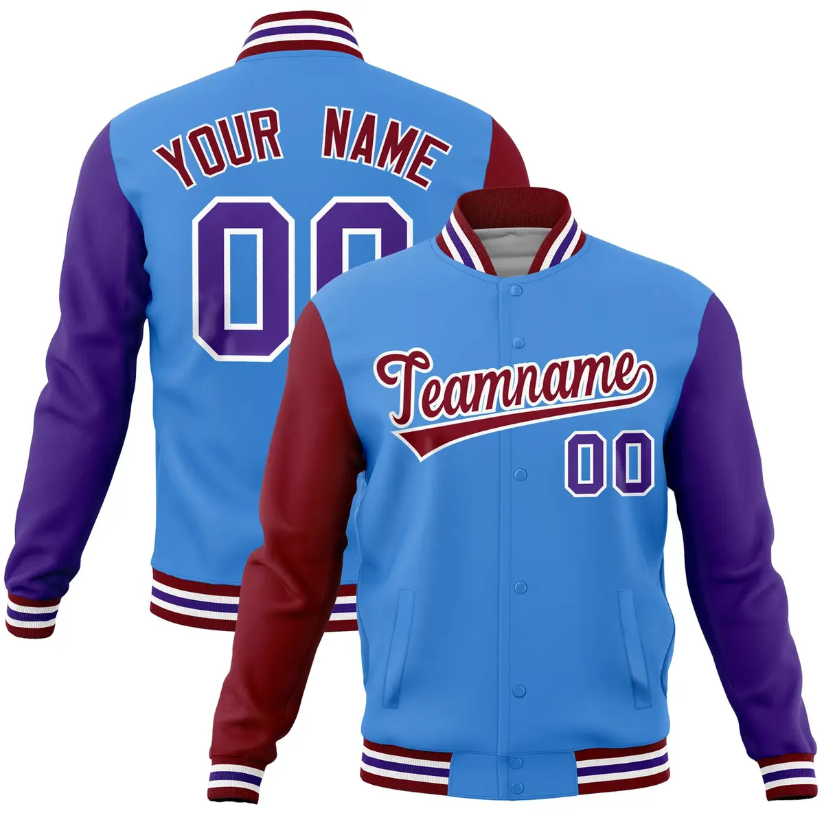 Powder Blue Purple-Crimson Full-Snap Raglan Letterman Jacket