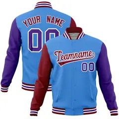 Powder Blue Purple-Crimson Full-Snap Raglan Letterman Jacket 1