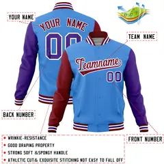 Powder Blue Purple-Crimson Full-Snap Raglan Letterman Jacket 4