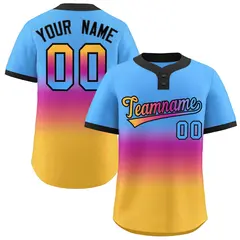 Powder Blue Purple Gold-Pink Gradient Two-Button Softball Jersey
