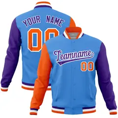 Powder Blue Purple-Orange Raglan Full-Snap Varsity Letterman Jacket