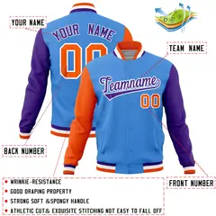 Powder Blue Purple-Orange Raglan Full-Snap Varsity Letterman Jacket 4
