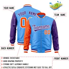 Powder Blue Purple-Orange Varsity Full-Zip Raglan Letterman Bomber Jacket 2