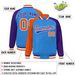 Powder Blue Purple-Orange Varsity Raglan Letterman Bomber Jacket 2