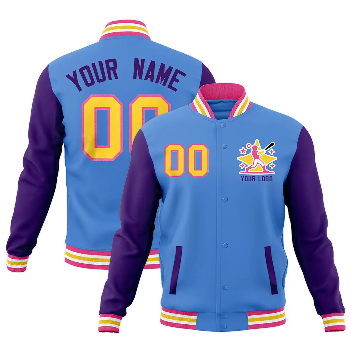 Powder Blue Purple Pink Raglan Full-Snap Letterman Cotton Jacket
