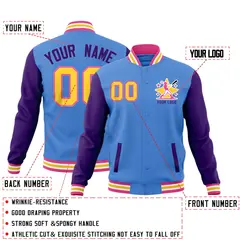 Powder Blue Purple Pink Raglan Full-Snap Letterman Cotton Jacket 2