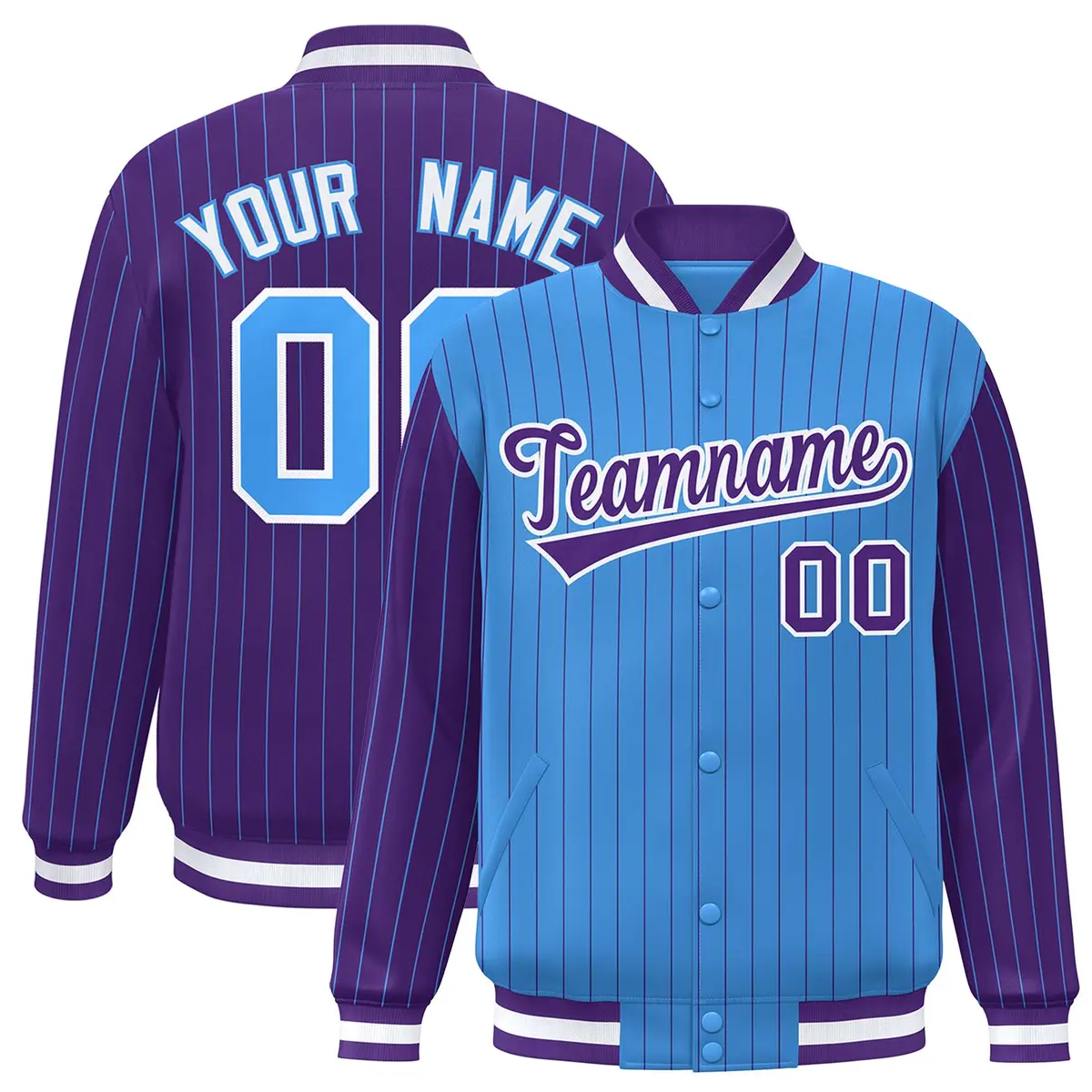 Powder Blue Purple Pinstripe Raglan Varsity Letterman Baseball Jacket