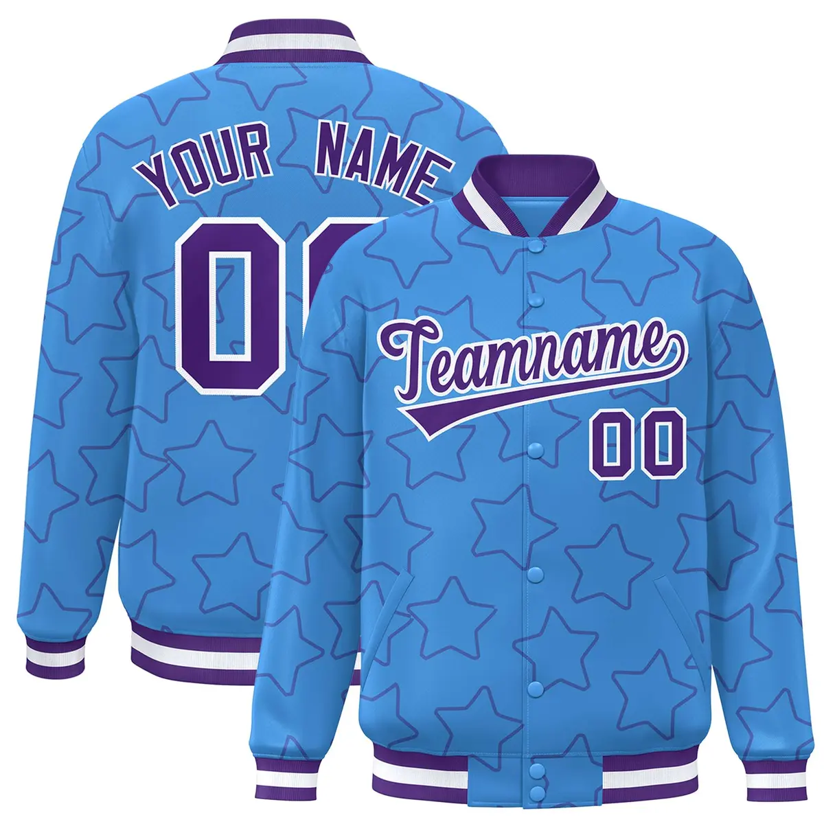 Powder Blue Purple Star Pattern Varsity Letterman Baseball Jacket