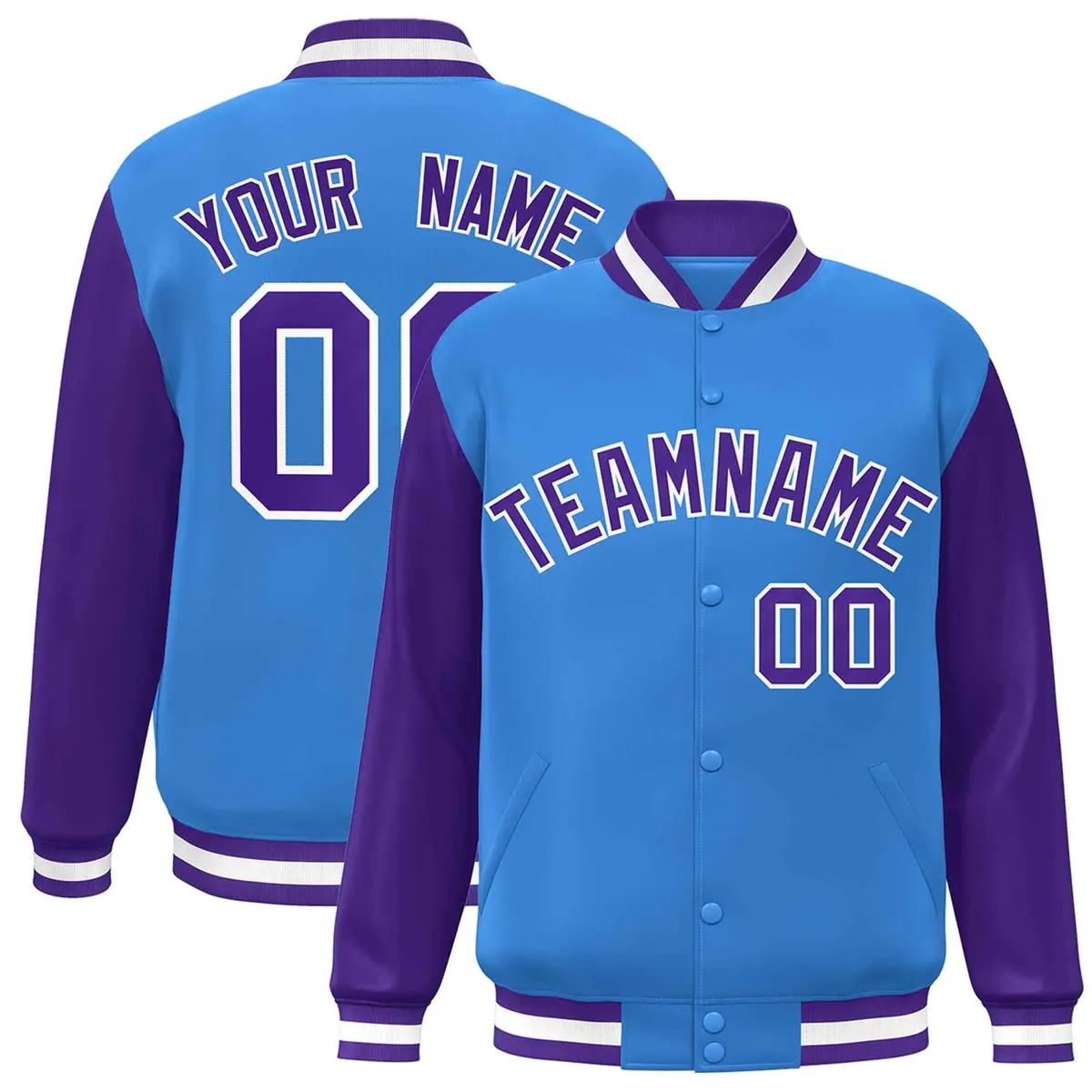 Powder Blue Purple-White Raglan Varsity Full-Snap Letterman Jacket
