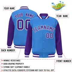 Powder Blue Purple-White Raglan Varsity Full-Snap Letterman Jacket 2
