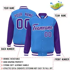 Powder Blue Purple-White Raglan Varsity Full-Snap Letterman Jacket 2