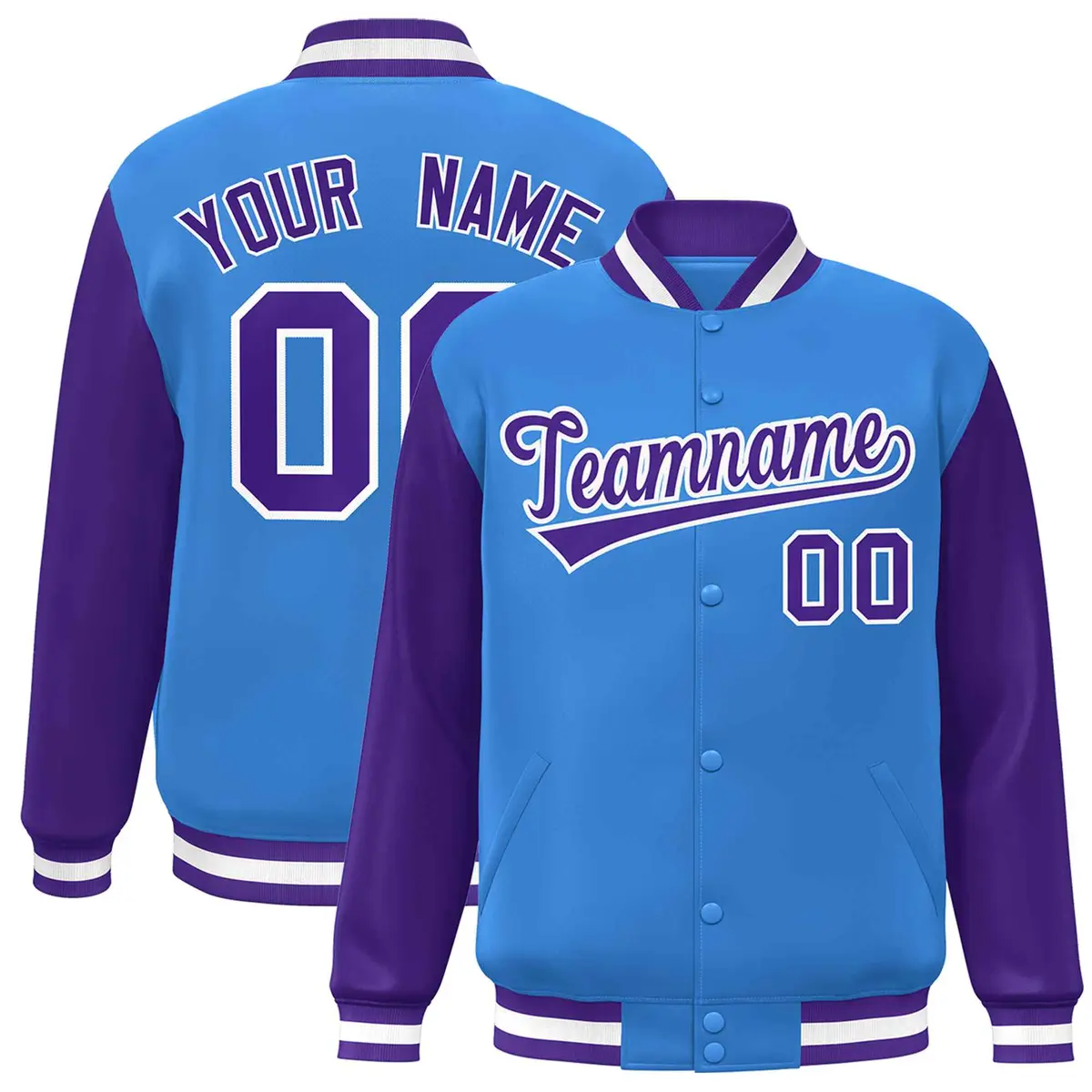 Powder Blue Purple-White Raglan Varsity Full-Snap Letterman Jacket