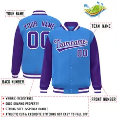 Powder Blue Purple-White Raglan Varsity Full-Snap Letterman Jacket 2