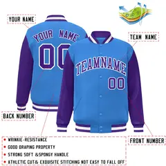 Powder Blue Purple-White Raglan Varsity Full-Snap Letterman Jacket 2