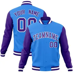 Powder Blue Purple-White Raglan Varsity Full-Snap Letterman Jacket 1