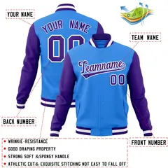 Powder Blue Purple-White Raglan Varsity Full-Snap Letterman Jacket 4