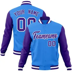 Powder Blue Purple-White Raglan Varsity Full-Snap Letterman Jacket 1