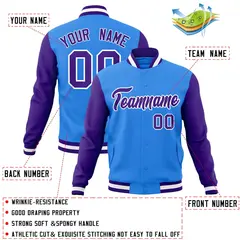 Powder Blue Purple-White Raglan Varsity Full-Snap Letterman Jacket 4