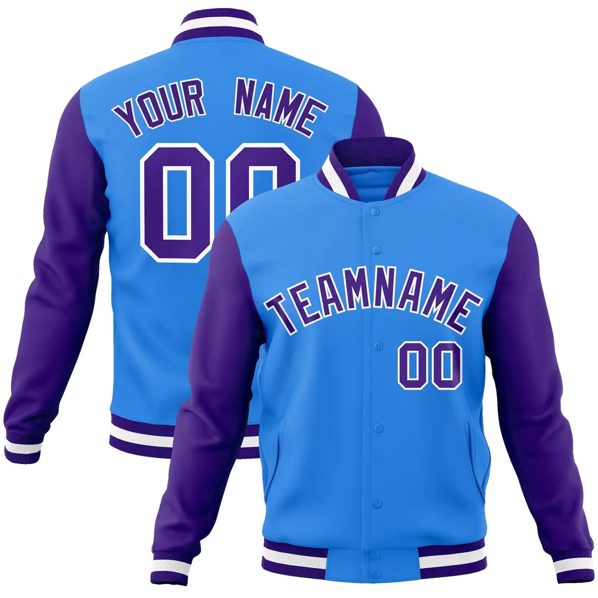 Powder Blue Purple-White Raglan Varsity Full-Snap Letterman Jacket