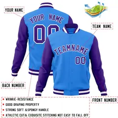 Powder Blue Purple-White Raglan Varsity Full-Snap Letterman Jacket 4
