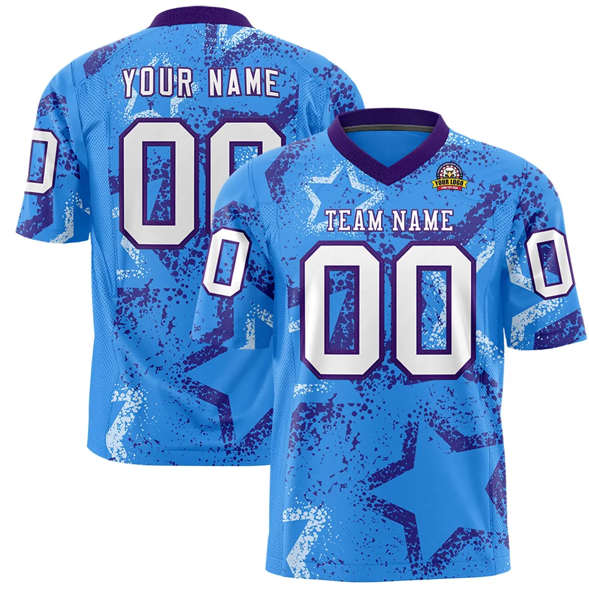 Powder Blue Purple-White Star Graffiti Pattern Football Jersey