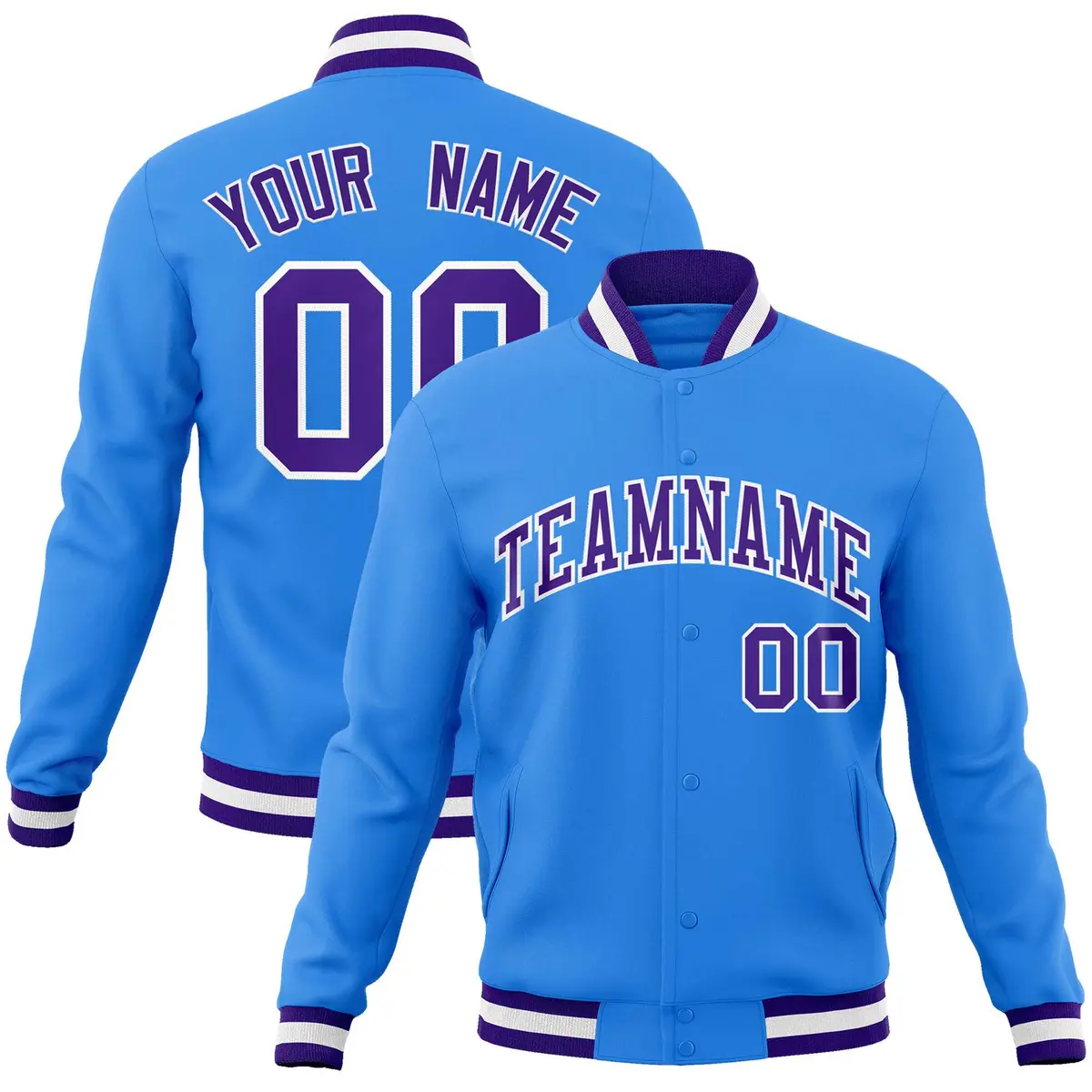 Powder Blue Purple-White Varsity Full-Snap Letterman Jacket