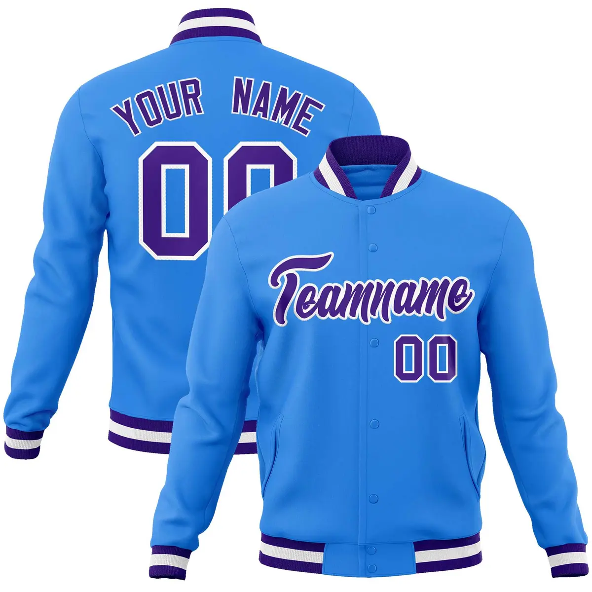 Powder Blue Purple-White Varsity Full-Snap Letterman Jacket
