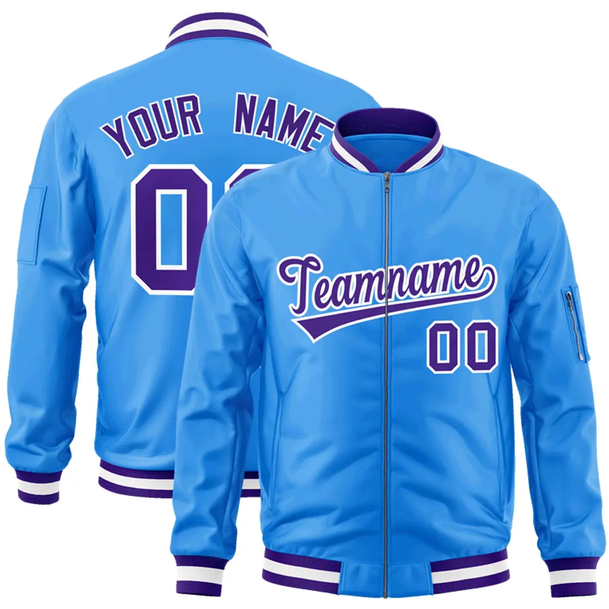 Powder Blue Purple-White Varsity Full-Zip Letterman Jacket