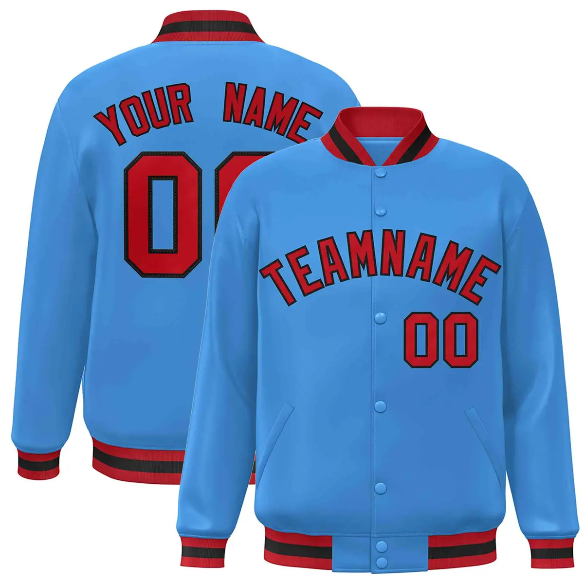 Powder Blue Red-Black Varsity Full-Snap Letterman Jacket