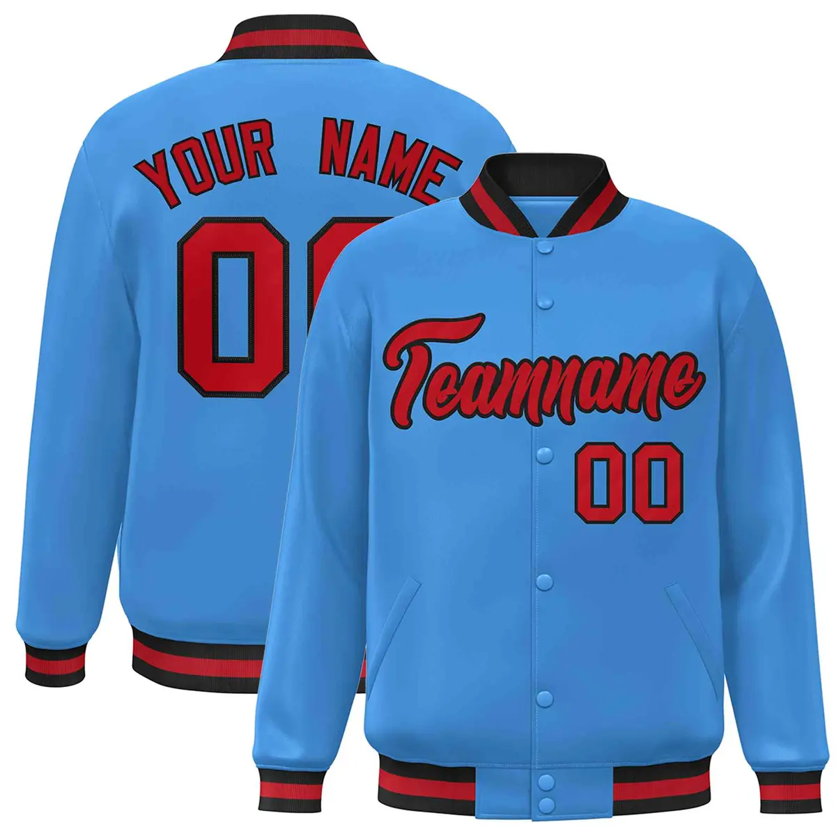 Powder Blue Red-Black Varsity Full-Snap Letterman Jacket