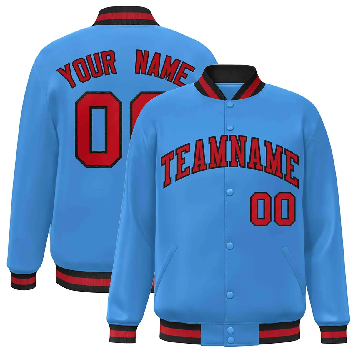 Powder Blue Red-Black Varsity Full-Snap Letterman Jacket