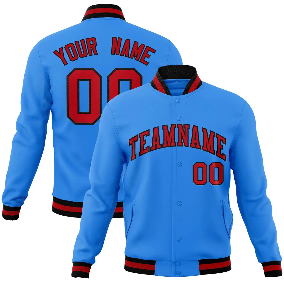 Powder Blue Red-Black Varsity Full-Snap Letterman Jacket