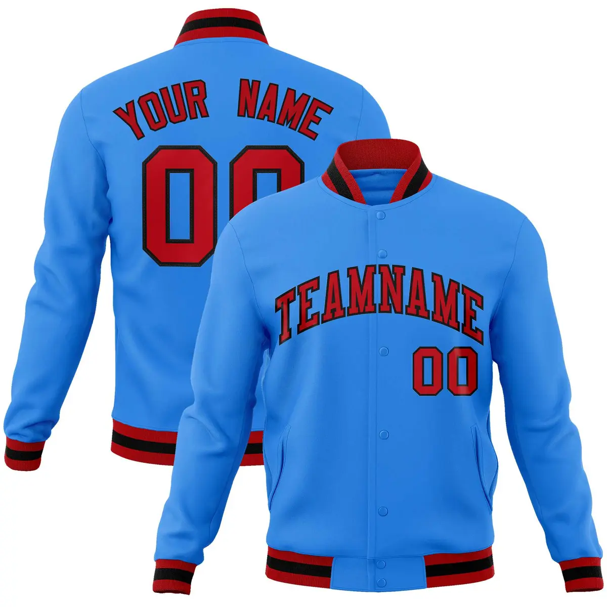 Powder Blue Red-Black Varsity Full-Snap Letterman Jacket
