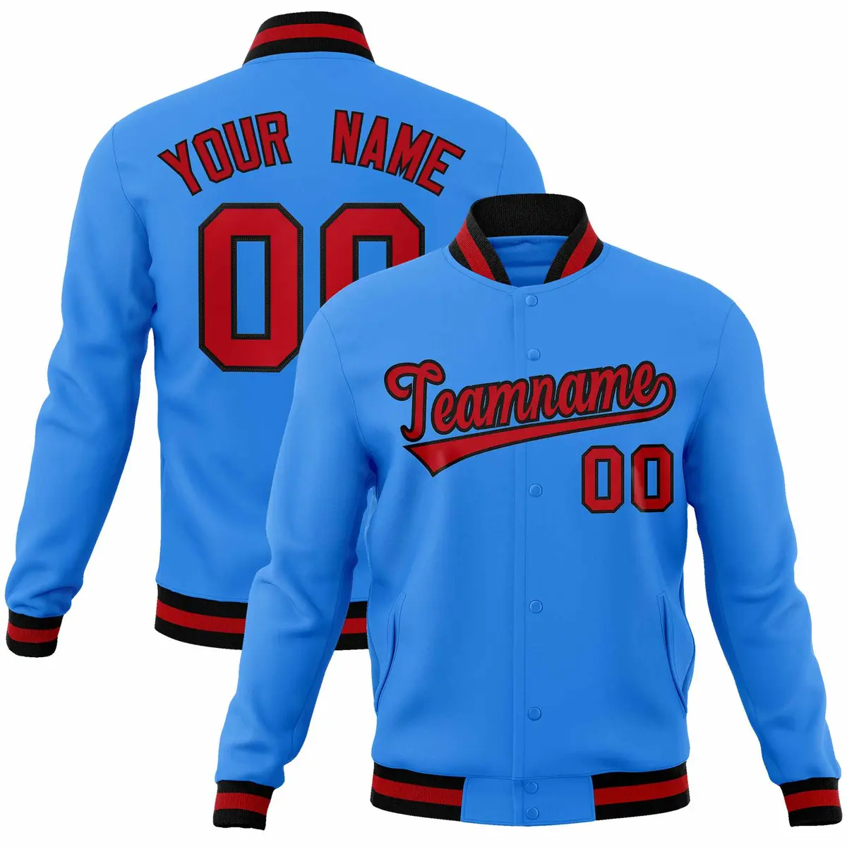 Powder Blue Red-Black Varsity Full-Snap Letterman Jacket