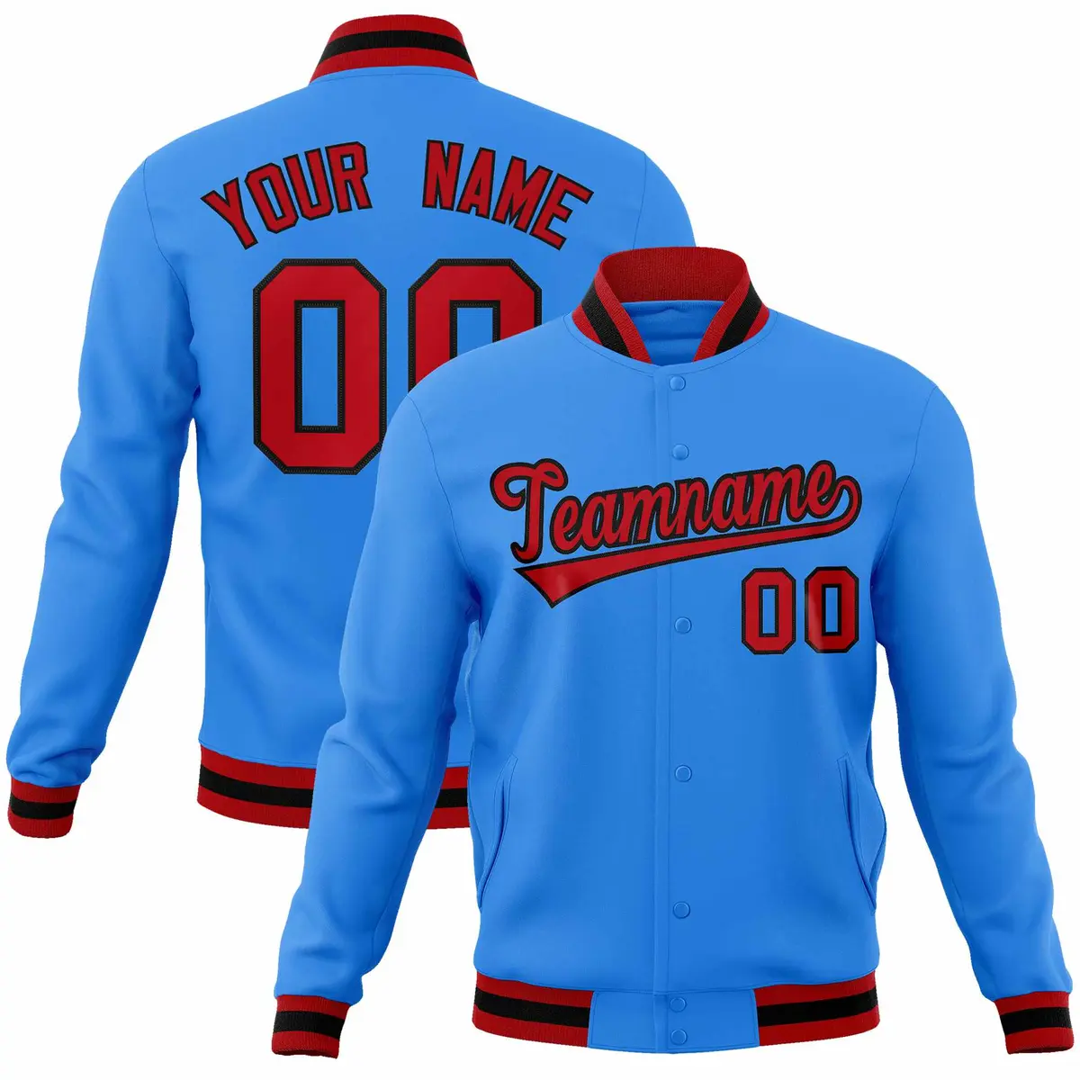 Powder Blue Red-Black Varsity Full-Snap Letterman Jacket