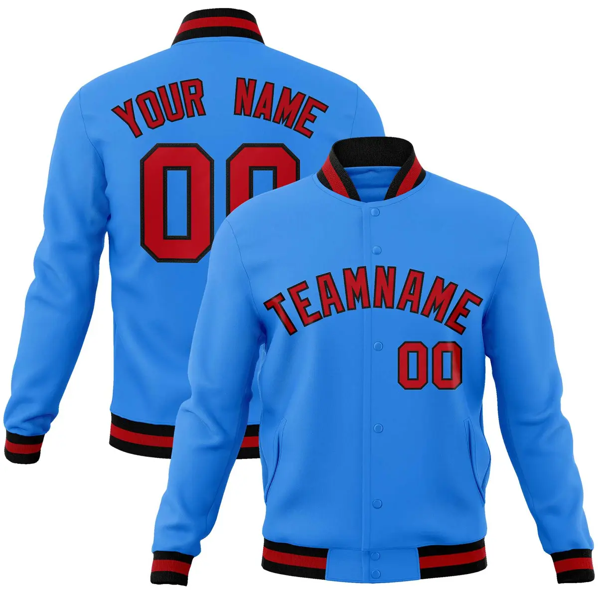 Powder Blue Red-Black Varsity Full-Snap Letterman Jacket