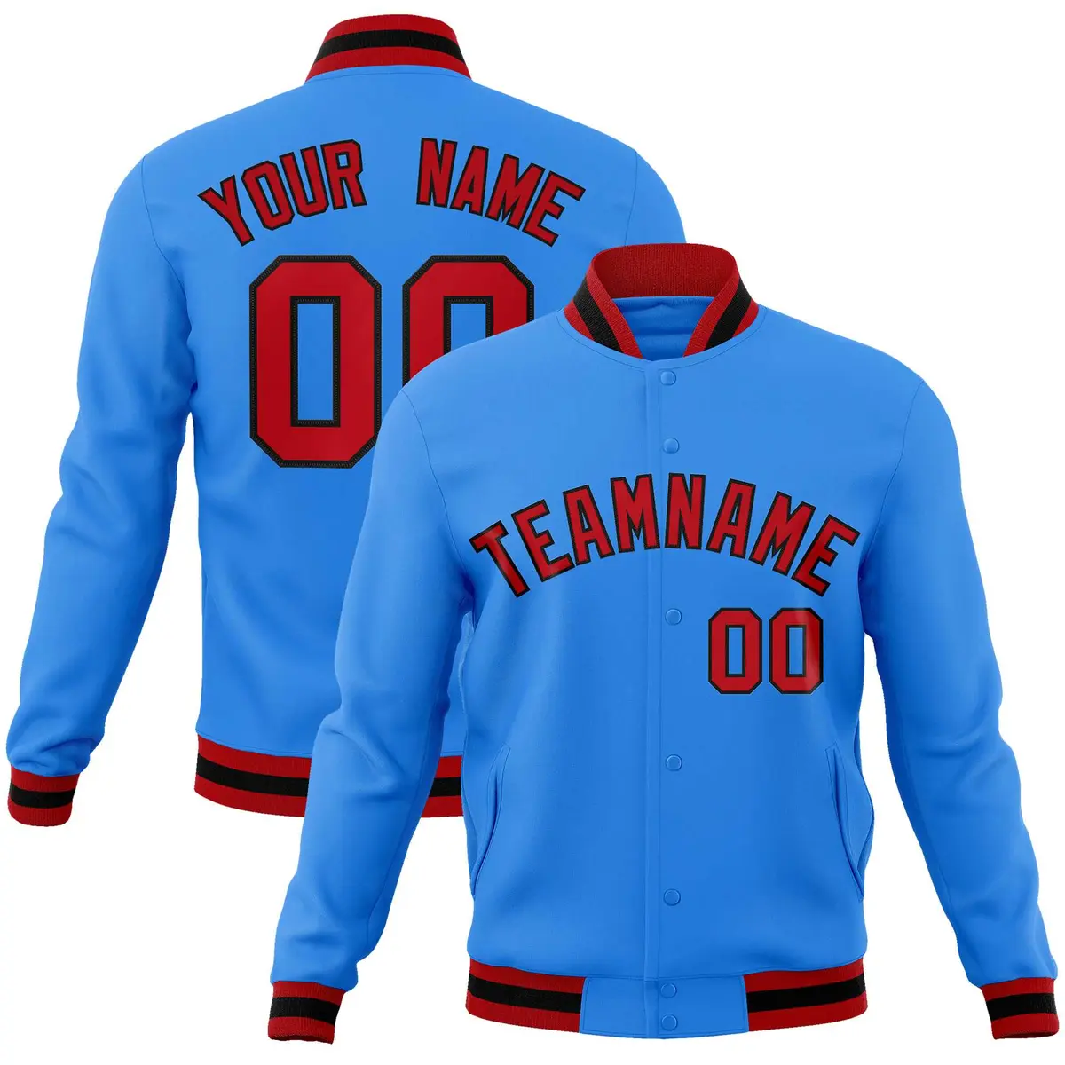 Powder Blue Red-Black Varsity Full-Snap Letterman Jacket