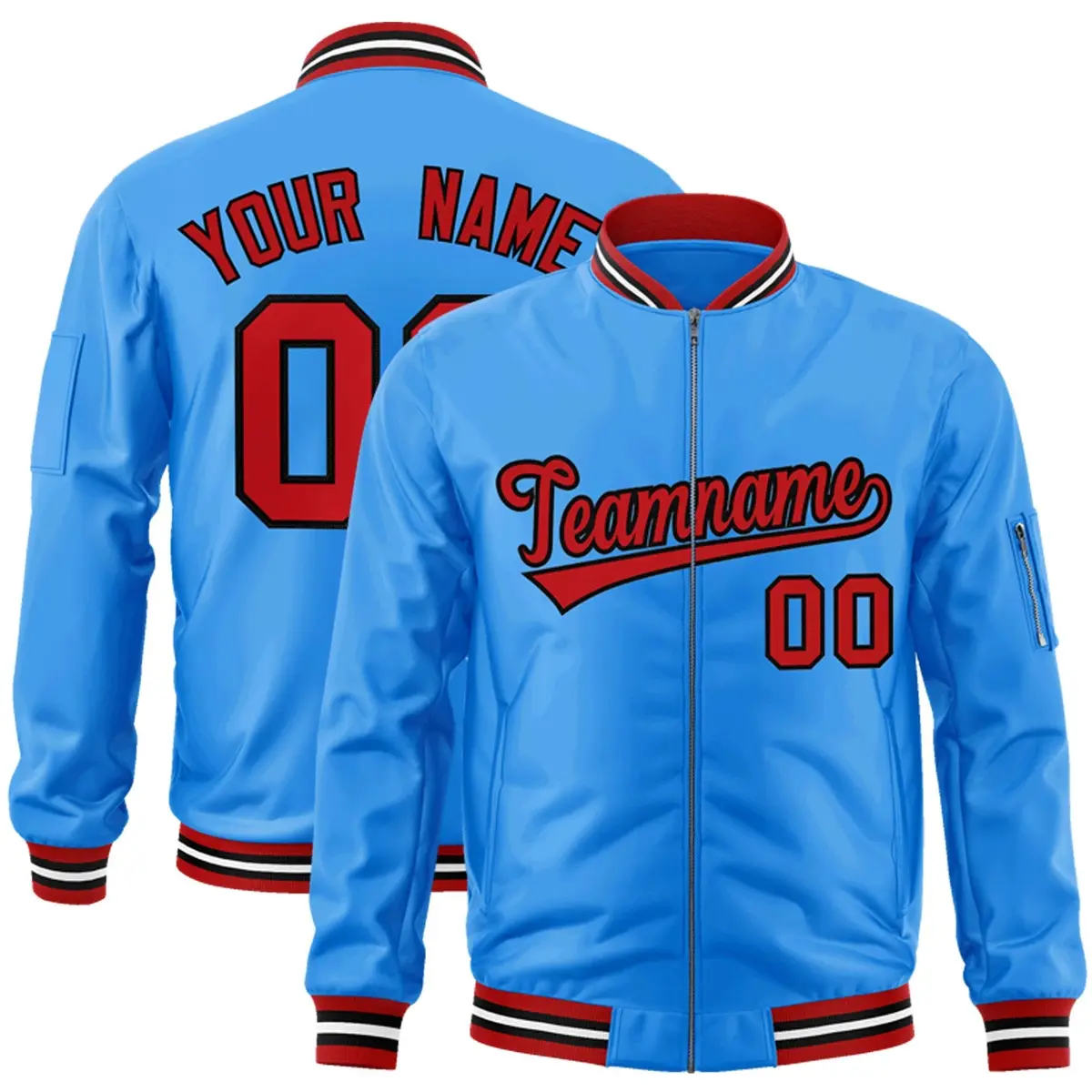 Powder Blue Red-Black Varsity Full-Zip Letterman Bomber Jacket
