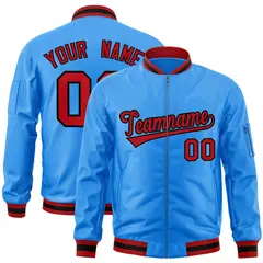 Powder Blue Red-Black Varsity Full-Zip Letterman Bomber Jacket 1