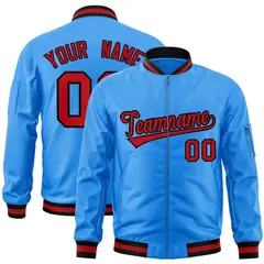 Powder Blue Red-Black Varsity Full-Zip Letterman Bomber Jacket 1