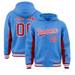 Powder Blue Red Color Block Varsity Letterman Hoodie Jacket 1