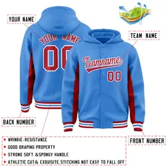 Powder Blue Red Color Block Varsity Letterman Hoodie Jacket 4
