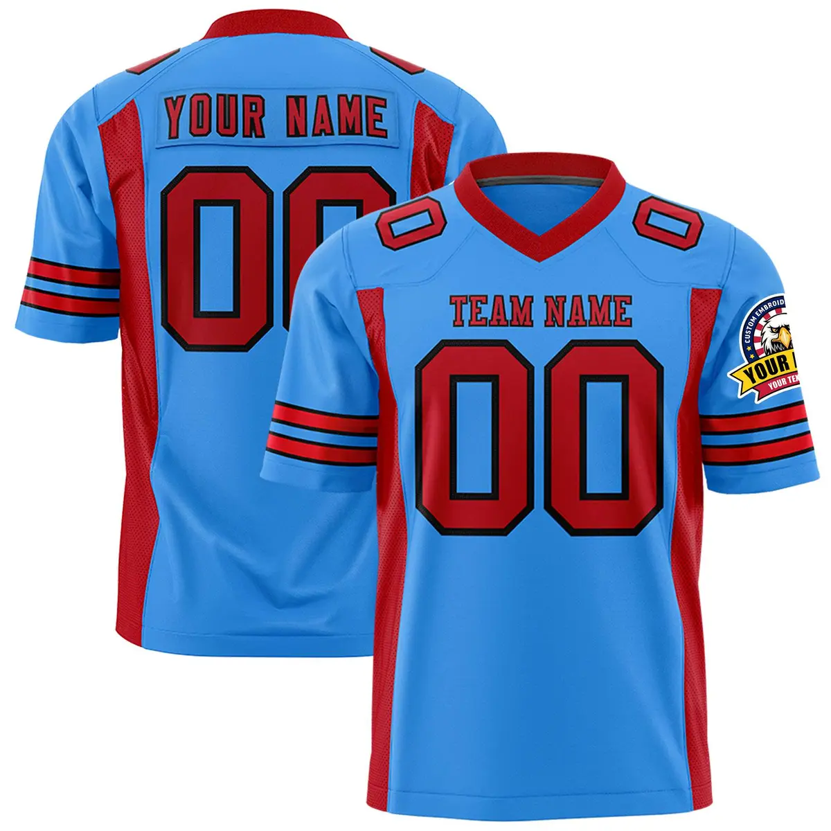 Powder Blue Red Football Jersey with Sleeve Stripes