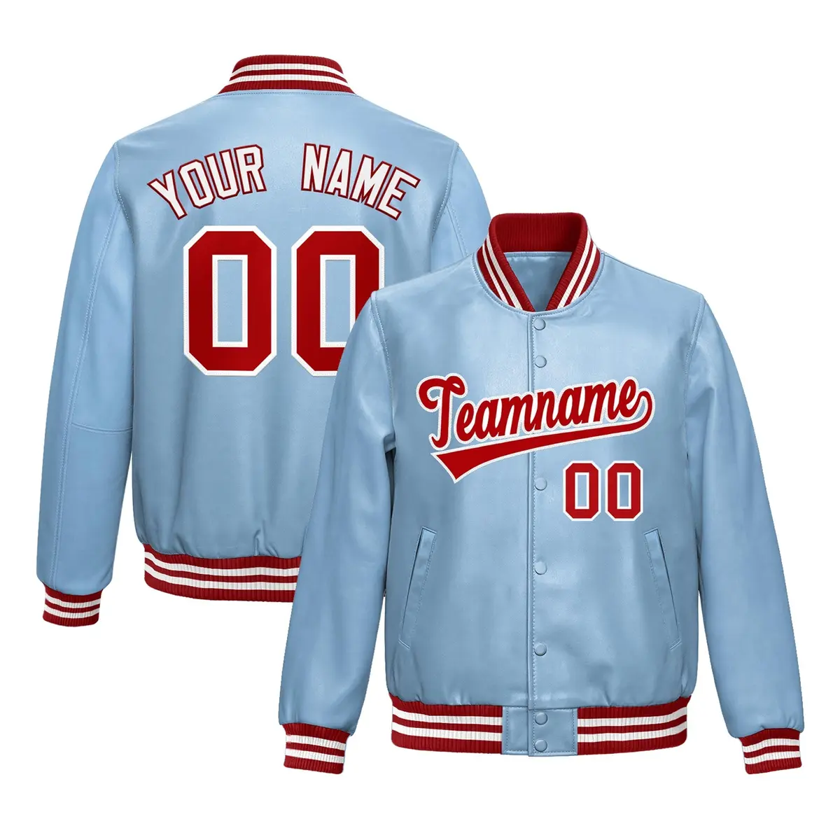 Powder Blue Red Full-Snap Faux Leather Varsity Letterman Jacket