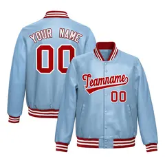 Powder Blue Red Full-Snap Faux Leather Varsity Letterman Jacket 1