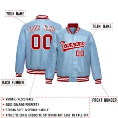 Powder Blue Red Full-Snap Faux Leather Varsity Letterman Jacket 2
