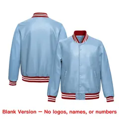 Powder Blue Red Full-Snap Faux Leather Varsity Letterman Jacket 6