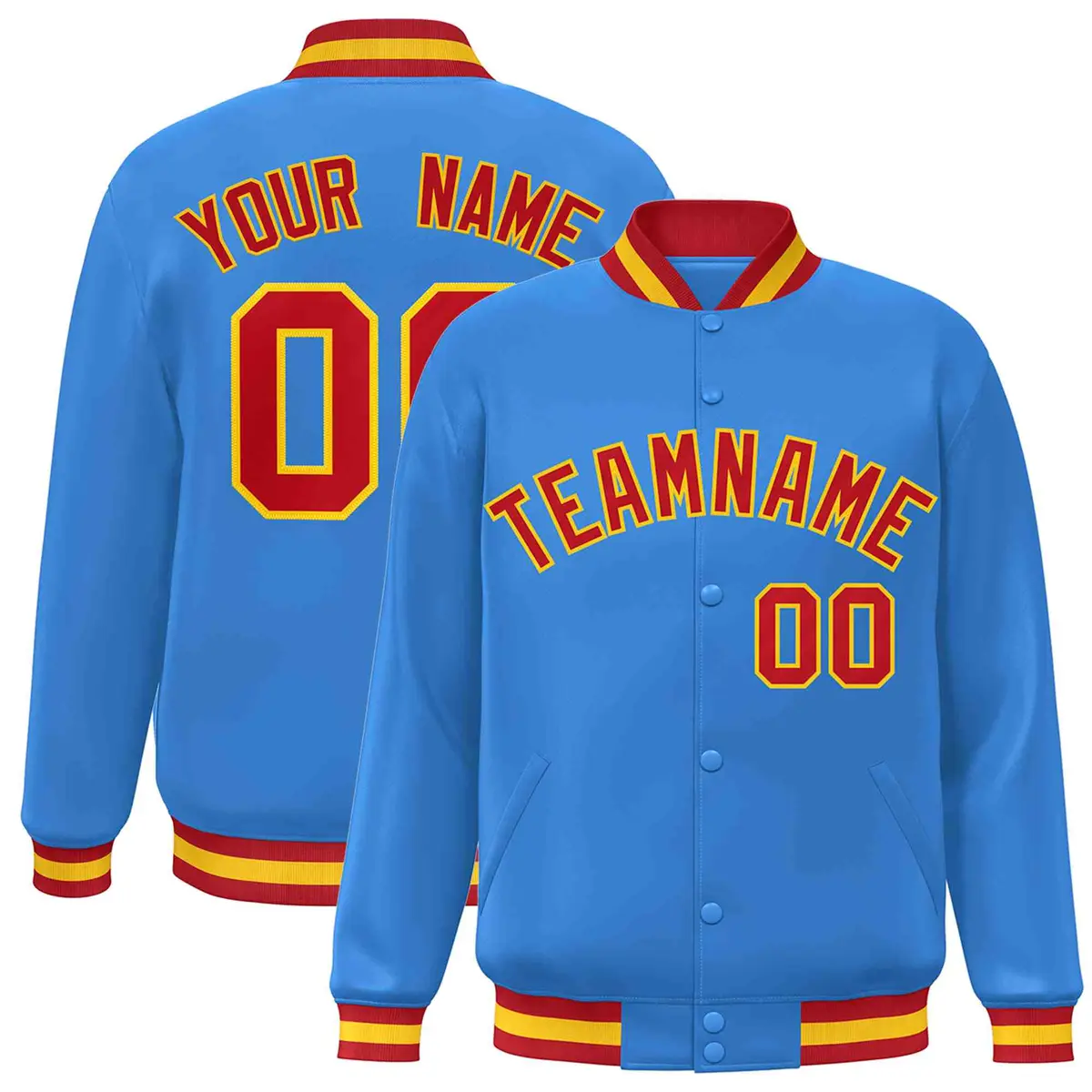 Powder Blue Red-Gold Varsity Full-Snap Letterman Jacket