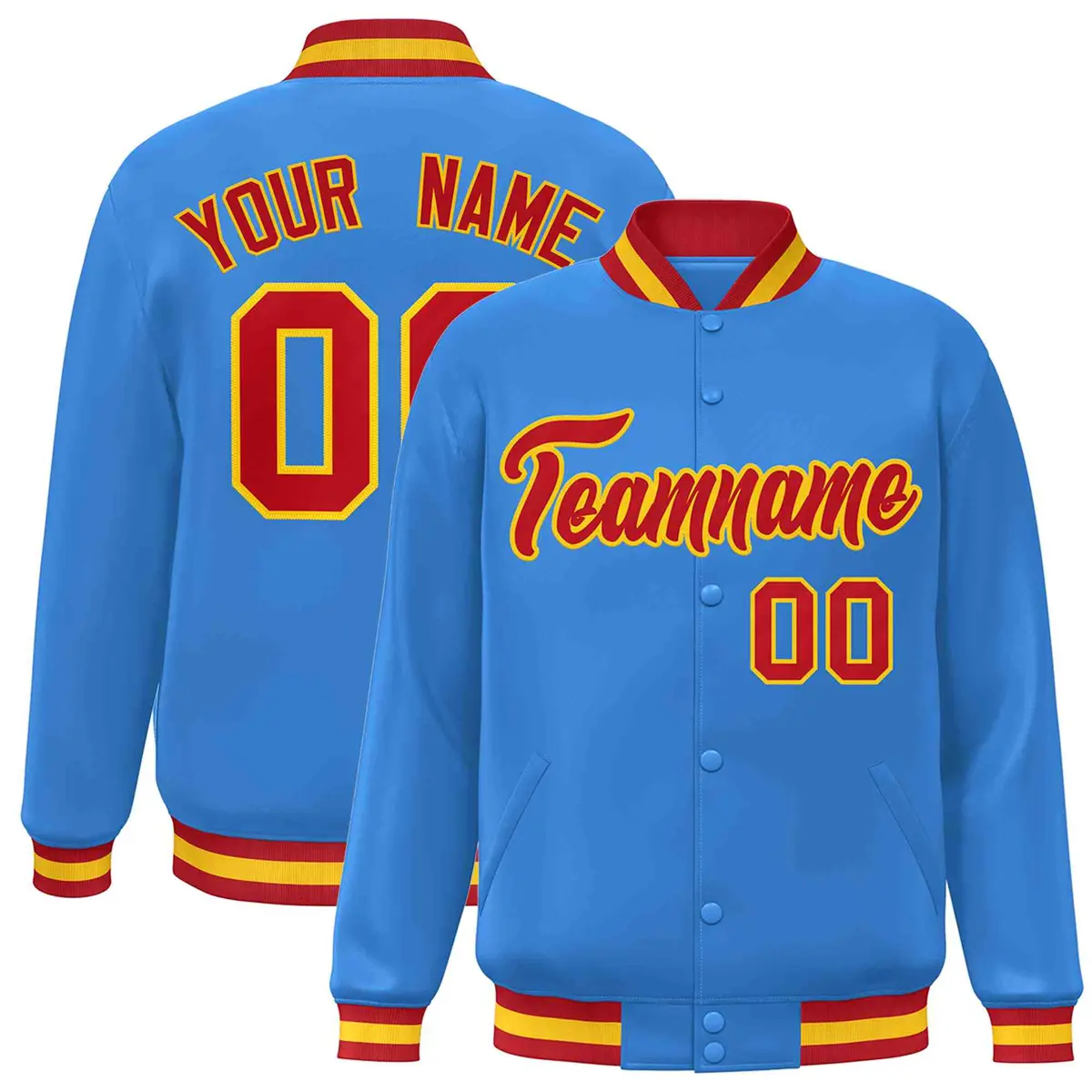 Powder Blue Red-Gold Varsity Full-Snap Letterman Jacket